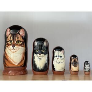 Matryoshka Russian Wooden 5pc Nesting Doll Set 7" Hand Painted Cats Calico